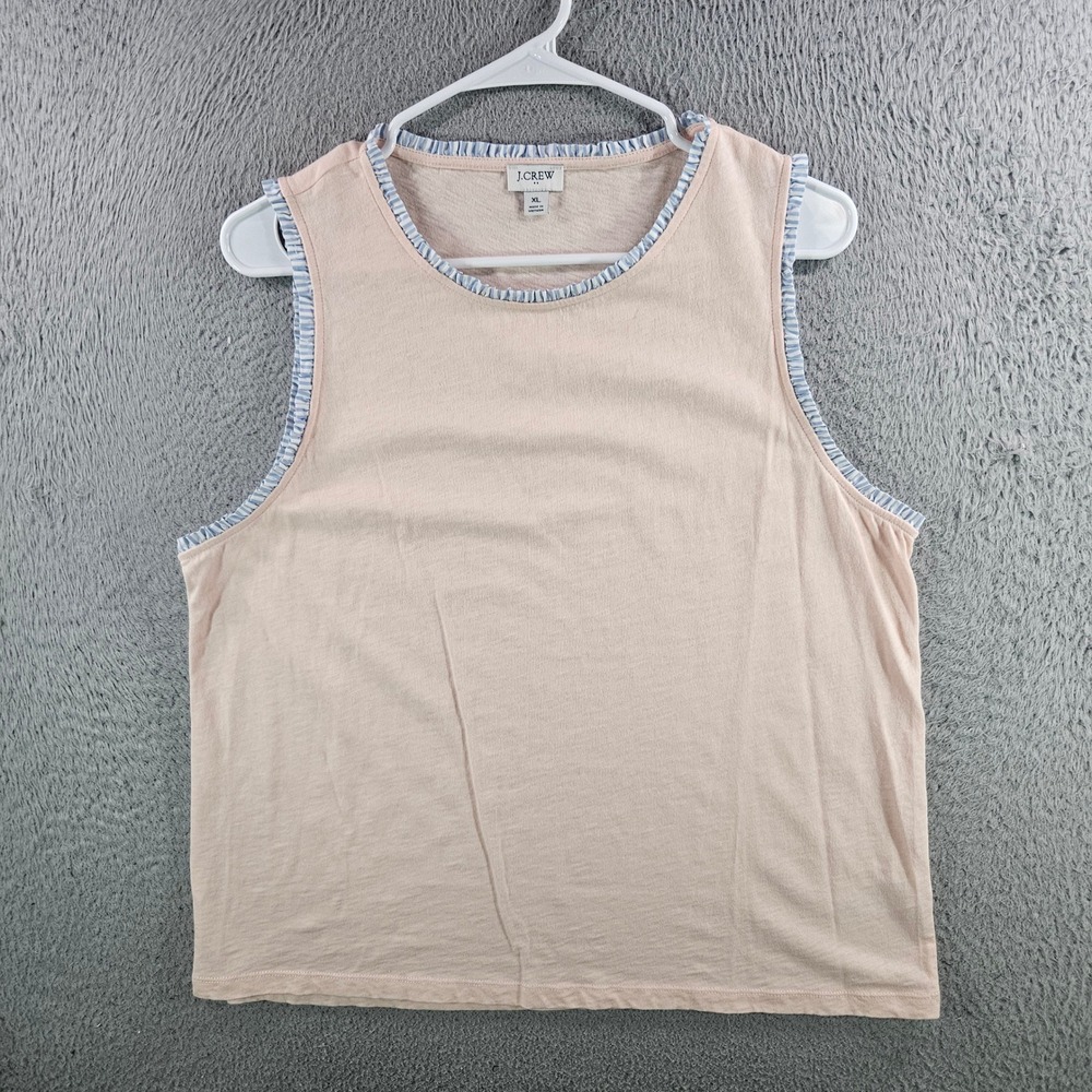 J.Crew Womens XL Peach Cotton Ruffle Trim Sleeveless Tank Top Blue Stripe Accent